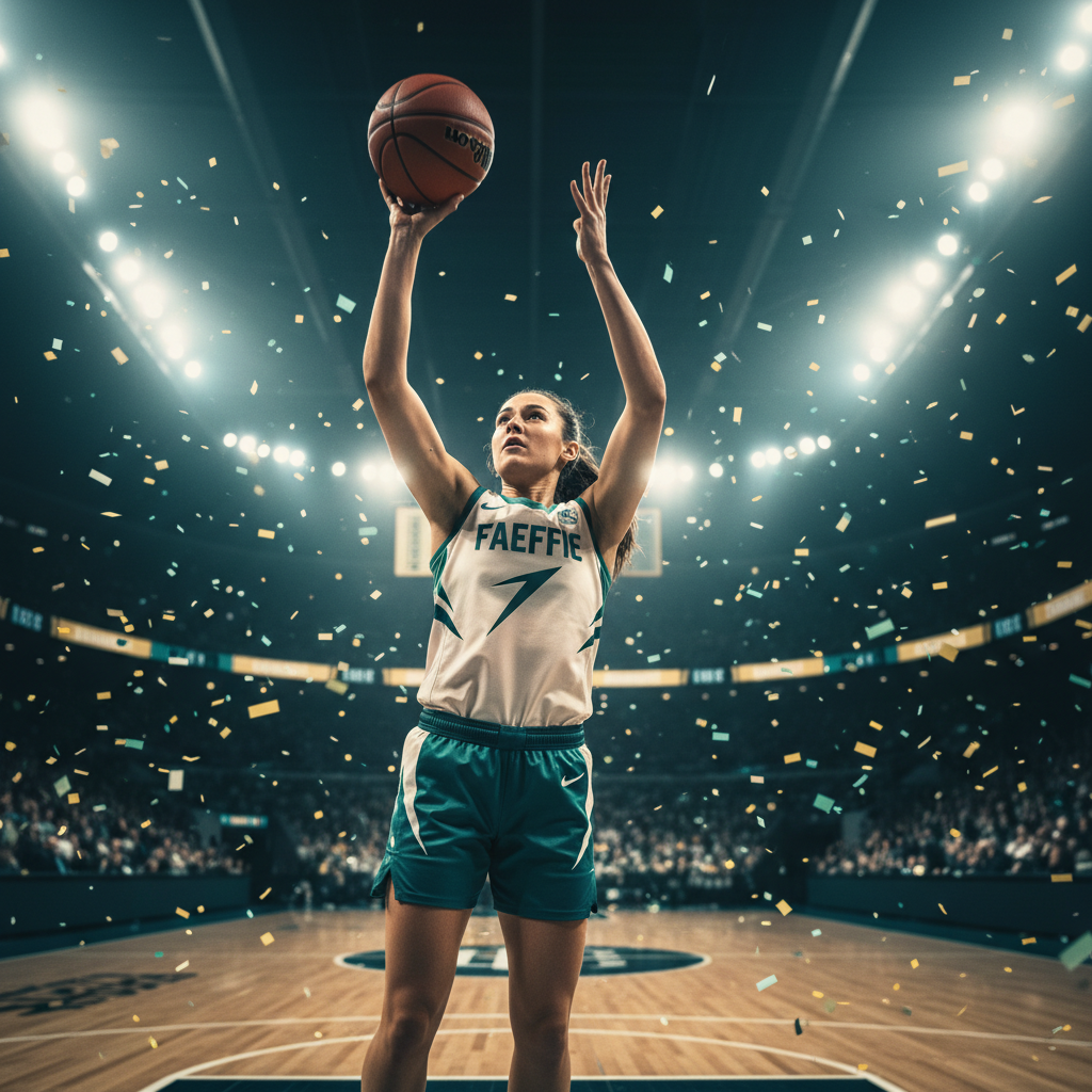 Basketball player shooting beneath the hoop.