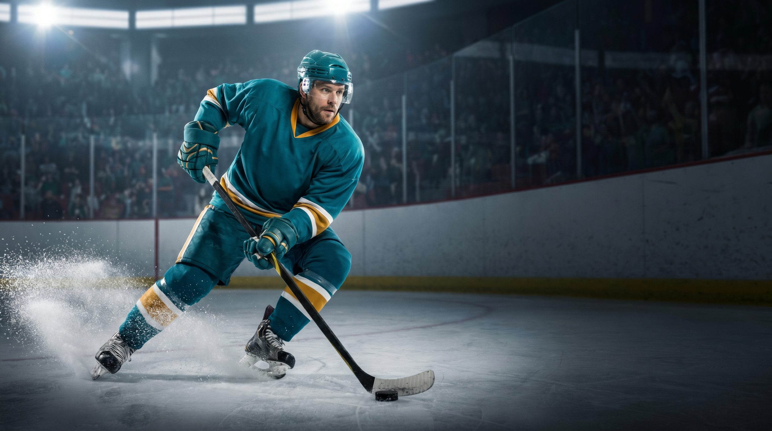 Hockey player framed through arena light.