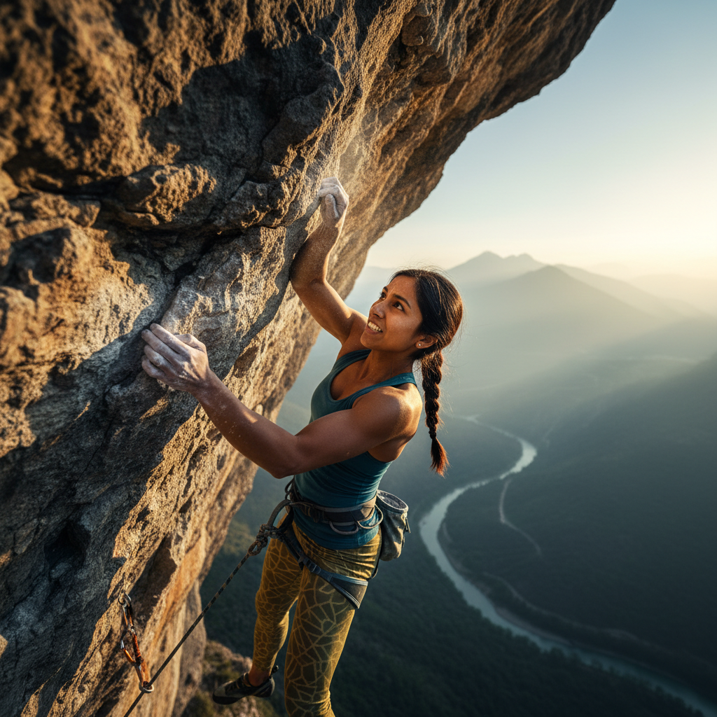 Rock climber reaching for the next hold.