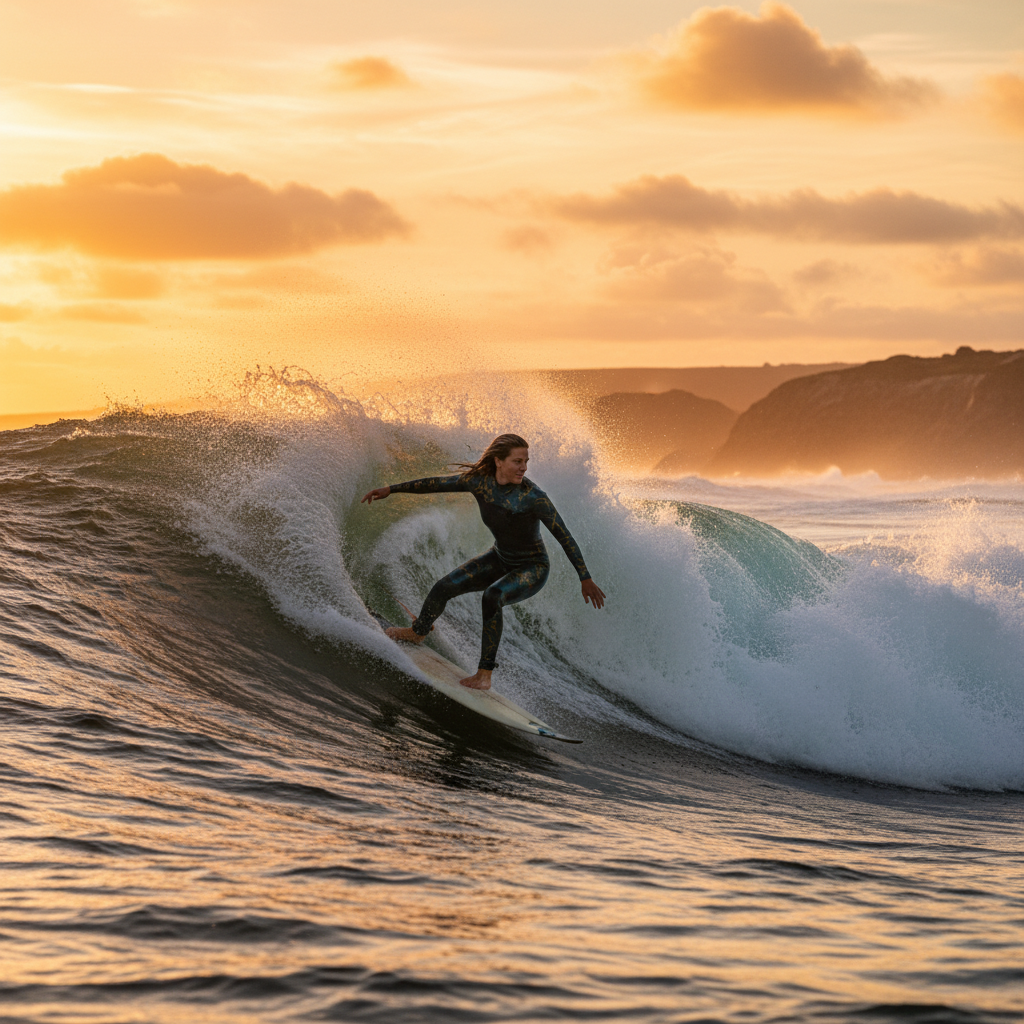 Surfer carving through a wave.